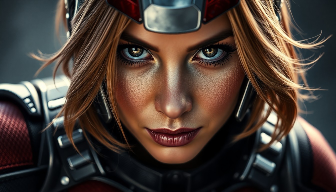 An extreme close-up photograph of the textured fabric and metallic accents of Cassie Lang's Ant-Man superhero suit, capturing the glamour and high-stakes action of the upcoming Marvel film.