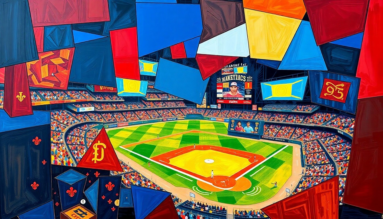 A cubist, geometric painting depicting a fragmented baseball stadium scene, with sharp planes of navy, crimson, and gold representing the dynamic energy and shifting power dynamics of a major sports franchise sale.