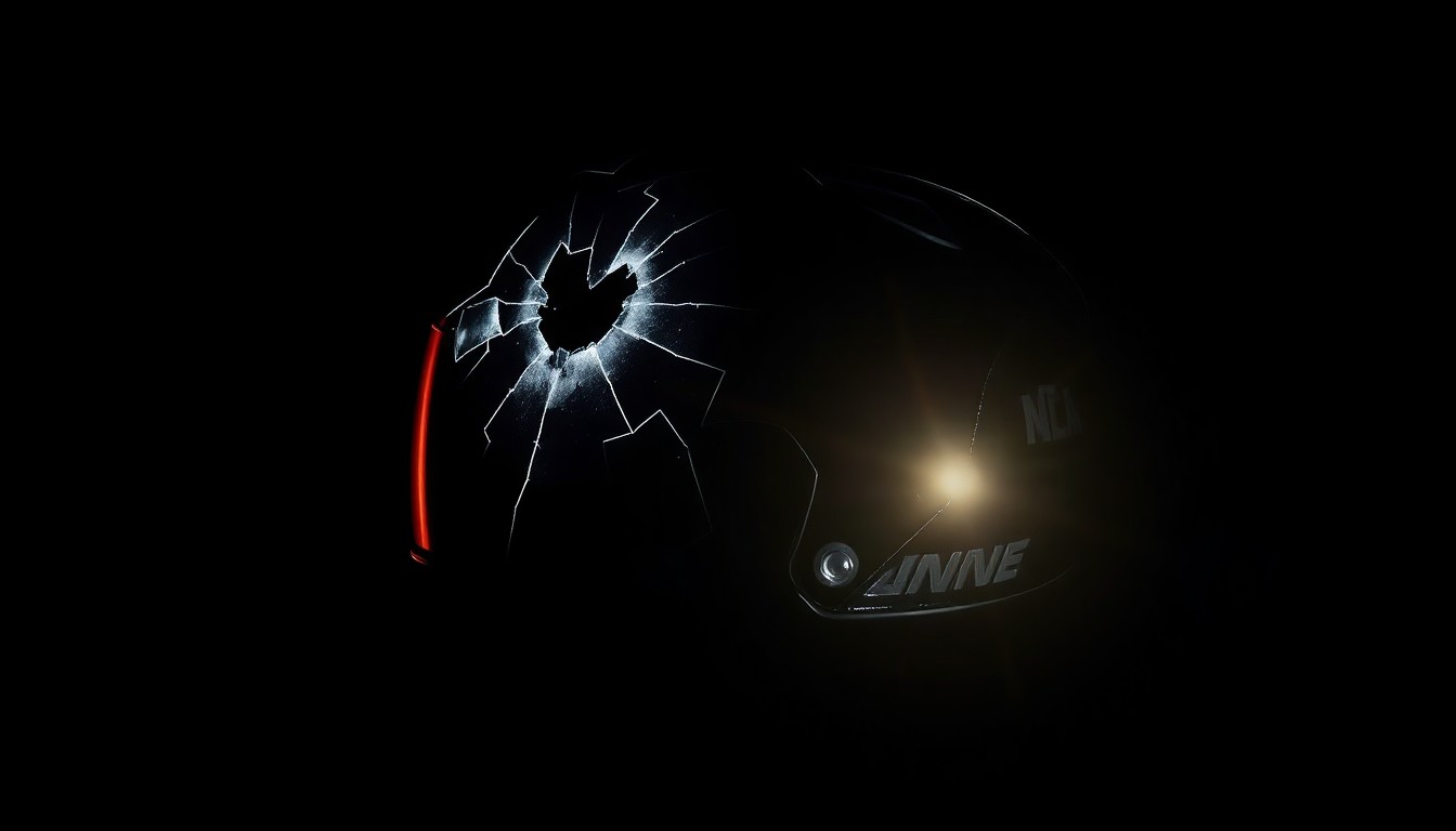 An extreme close-up photograph of a motorcycle helmet with a cracked visor, lit by a harsh, direct camera flash against a pitch-black background, conveying the somber mood of this tragic incident.