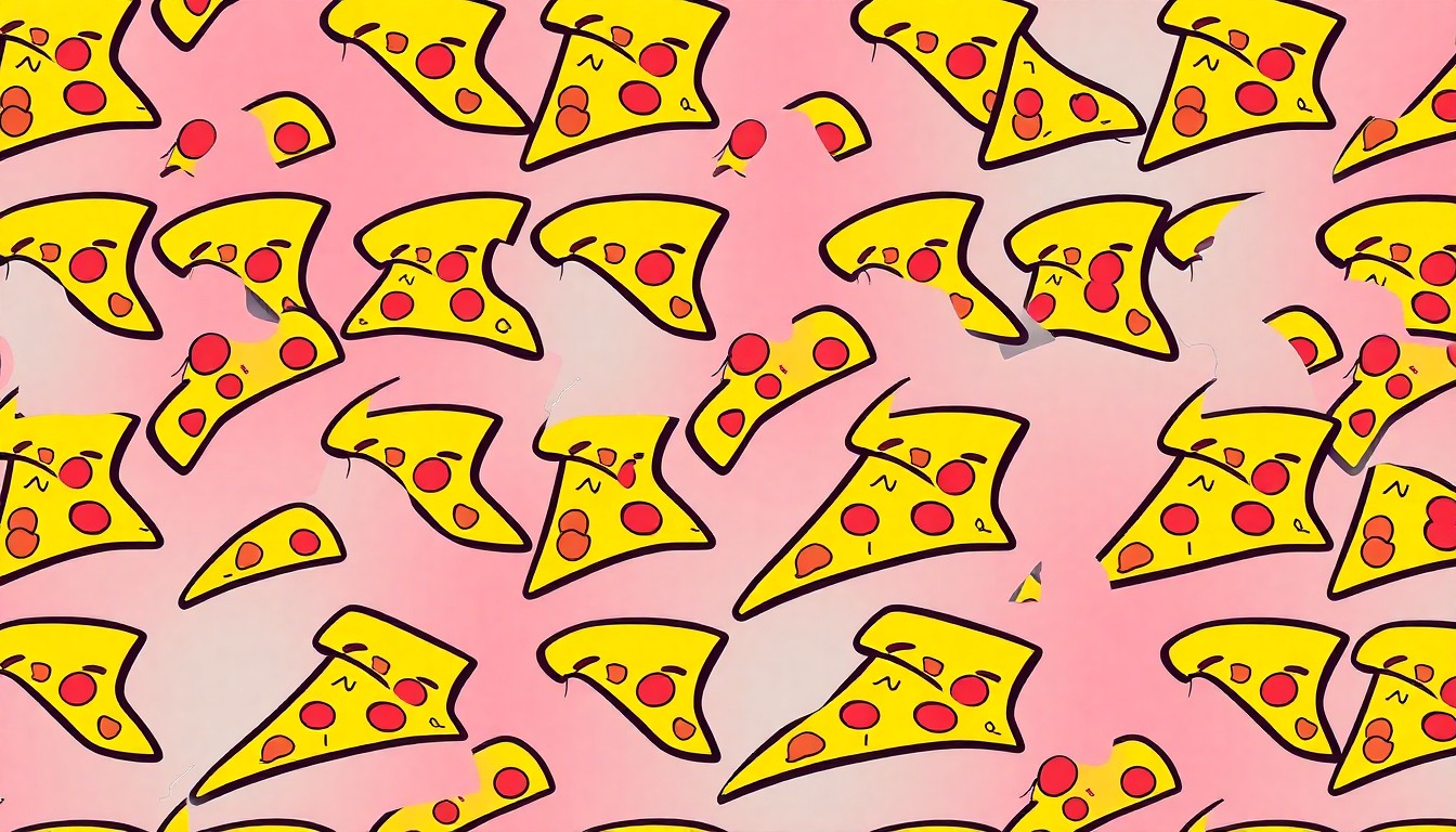 A boldly colored, abstract silkscreen-style illustration of a pizza slice repeated in a grid pattern, capturing the celebratory energy of a community rallying to preserve a cherished local institution.