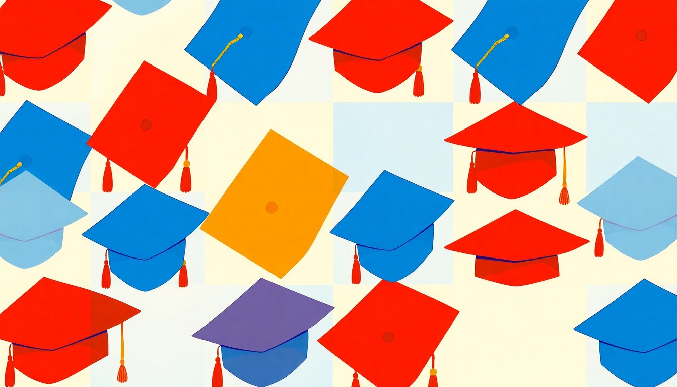 A repeating grid pattern of a stylized graduation cap in bright, neon-like colors, conceptually representing the perseverance and success of immigrants and first-generation Americans in Miami.