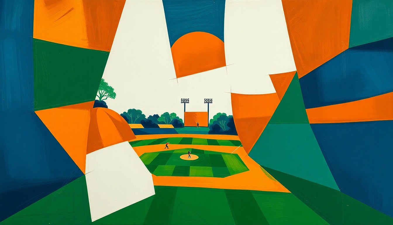 A fragmented, geometric painting depicting the action and energy of a softball game, with overlapping planes of navy, green, and orange hues.