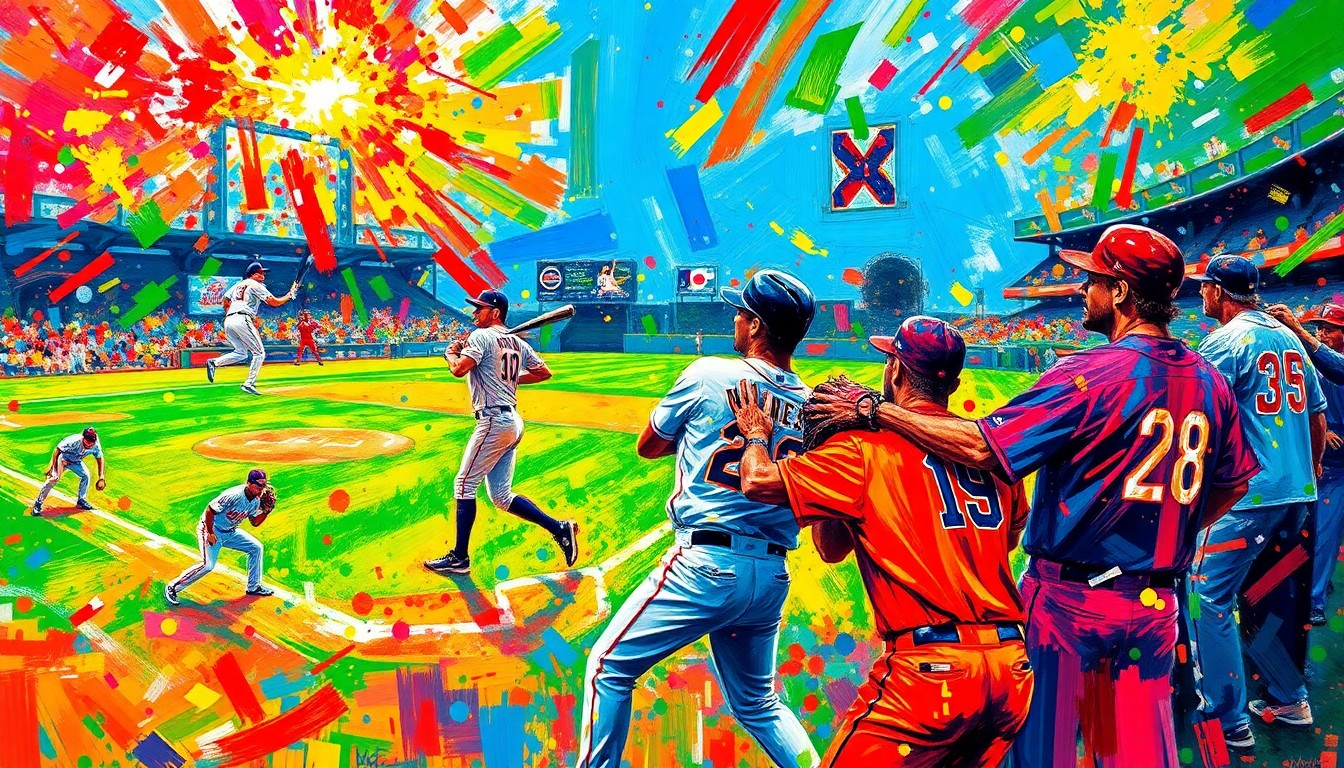 An abstract expressionist painting in neon colors, with energetic brushstrokes capturing the dynamic motion and excitement of a baseball game.