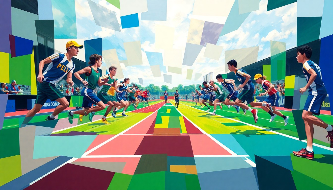 A fractured, multi-perspective painting in vibrant colors representing a high school track and field competition or soccer match, with sharp, overlapping geometric planes capturing the dynamic action and energy of the athletes.