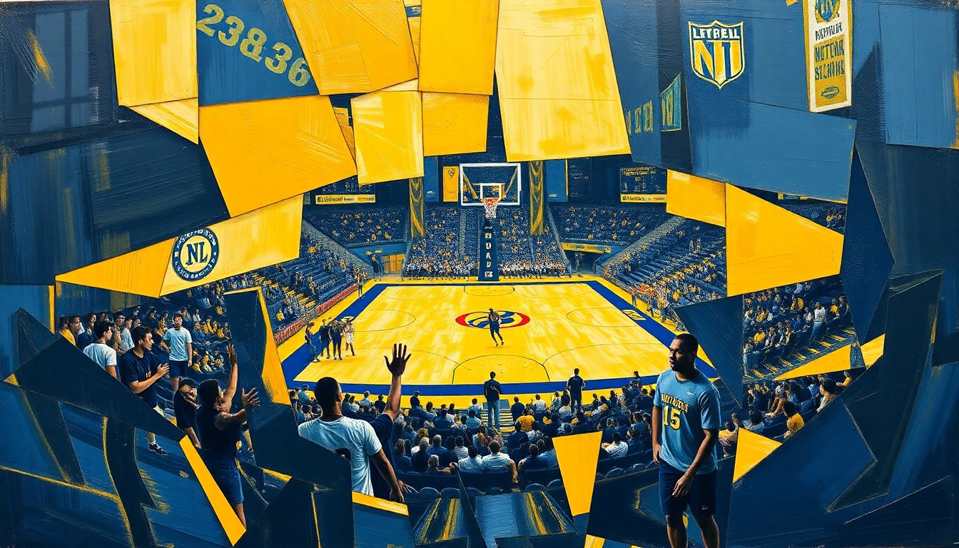 A fragmented, geometric painting in navy blue and gold hues depicting a Norwalk sports competition or game, with sharp, overlapping shapes and planes representing the dynamic action and energy of the event.