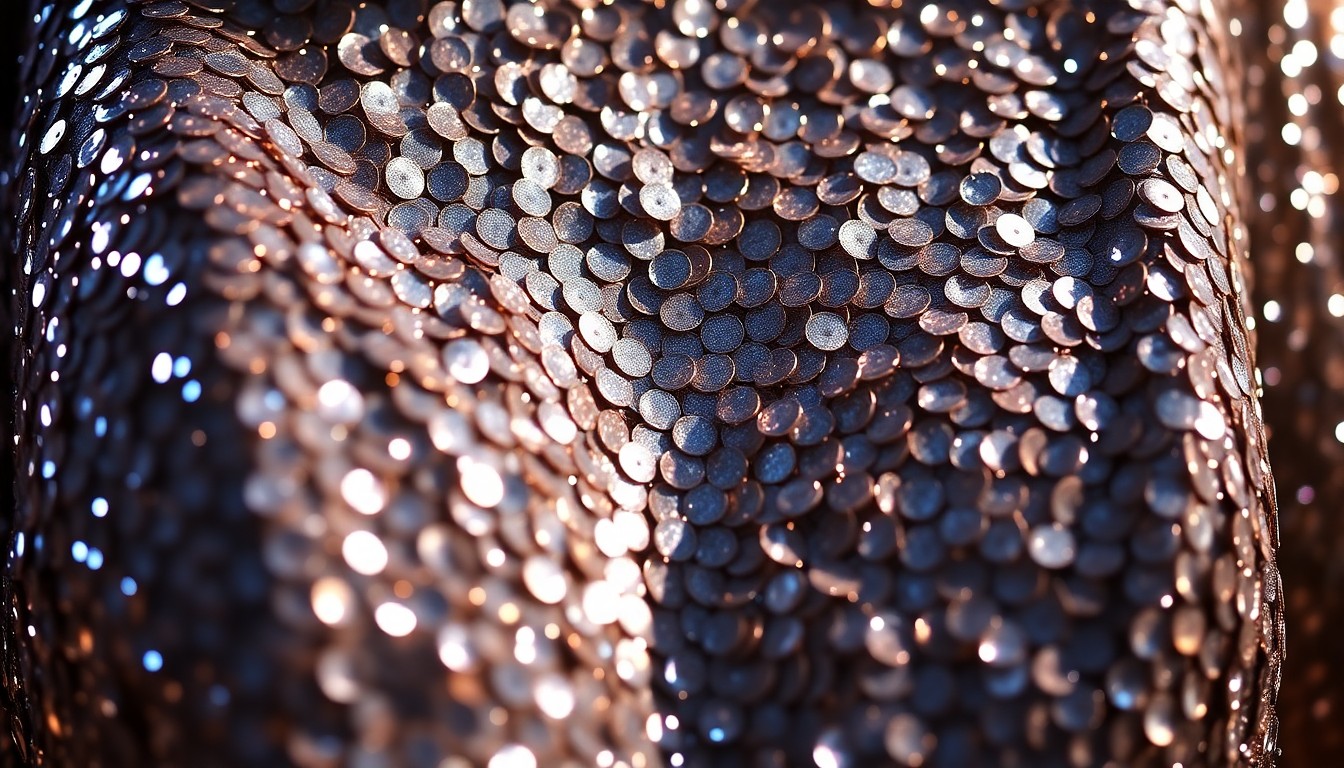 An abstract close-up photograph of glittering silver sequins, using dramatic studio lighting to capture the luxurious texture and high-fashion aesthetic of Karol G's Coachella performance.