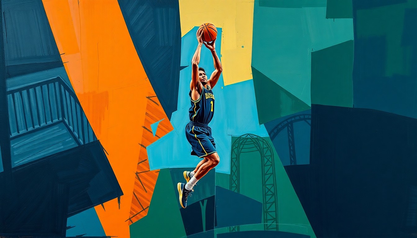 A cubist, geometric painting depicting a basketball player's midrange jump shot broken down into overlapping planes of navy, green, and orange, conveying the fluid, controlled motion of the shot.