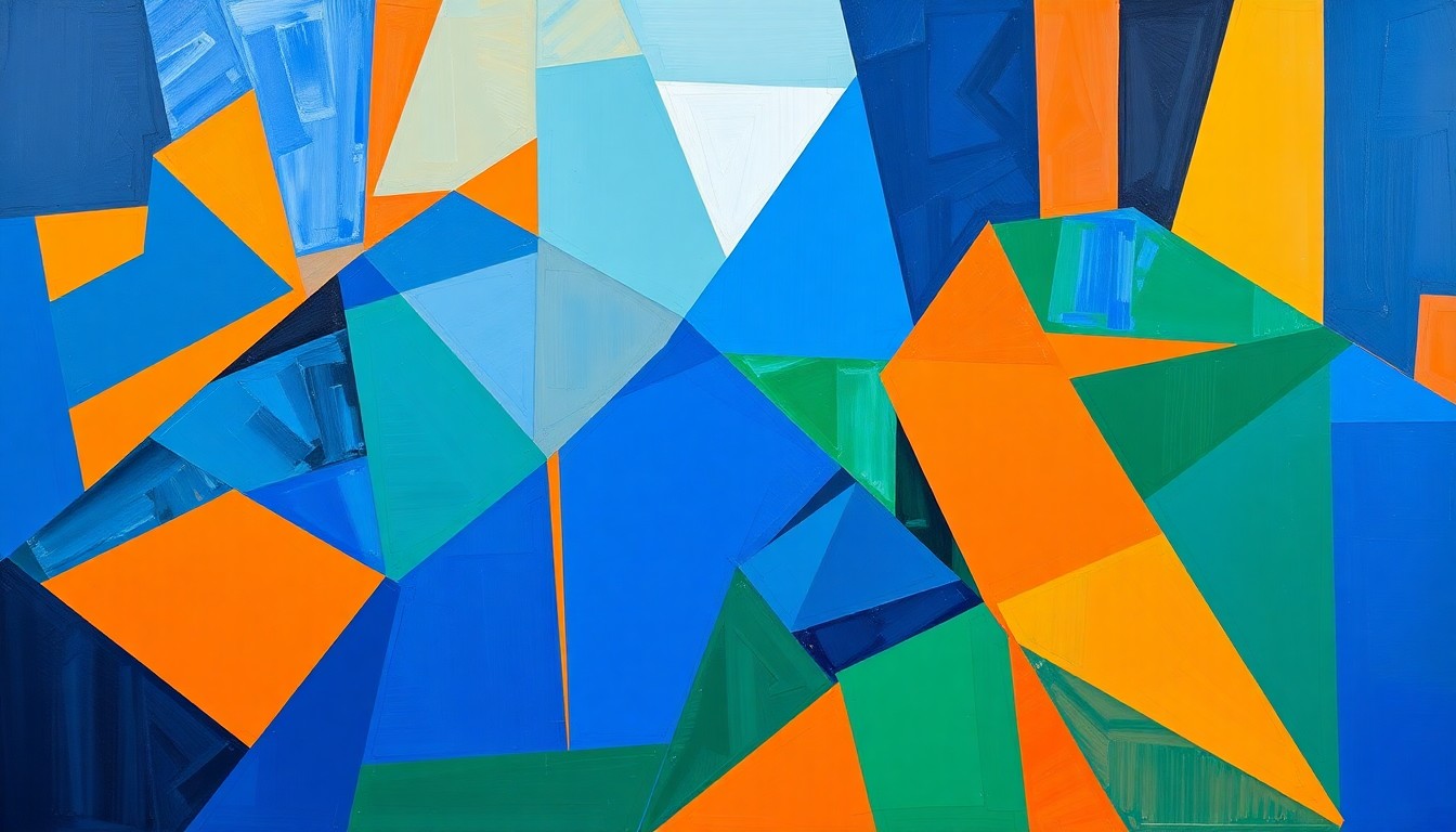 A cubist, geometric painting depicting the chaotic energy of an NBA basketball game, with fragmented shapes and overlapping planes of bright blue, orange, and green colors.