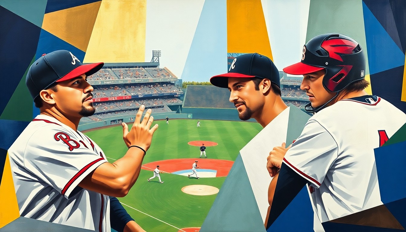 A cubist, geometric painting depicting a Braves baseball game, with the players' forms broken down into abstract shapes and planes of navy blue, red, and gold.