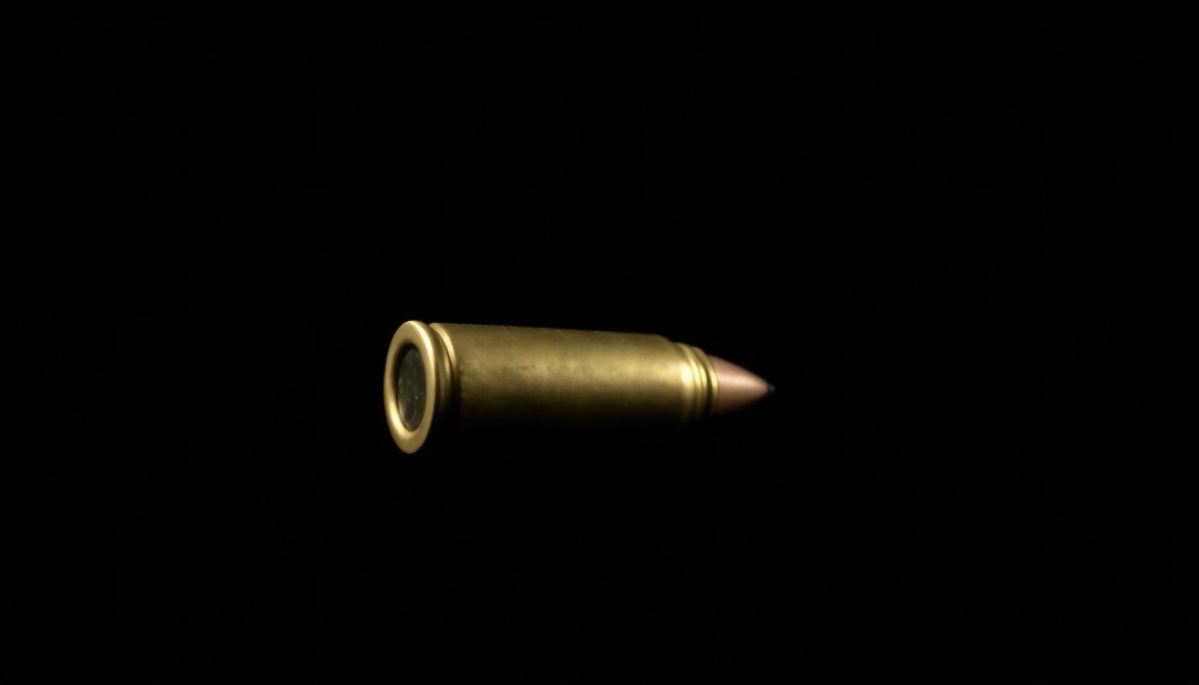 An extreme close-up photograph of a metallic bullet casing reflecting bright light, conveying the stark, gritty reality of a violent domestic incident.