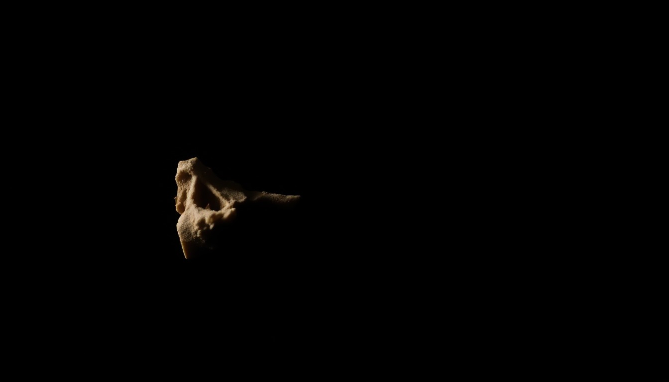 An extreme close-up photograph of a single bone fragment lit by a harsh, direct camera flash against a pitch-black background, conveying a stark, gritty, investigative mood without words.