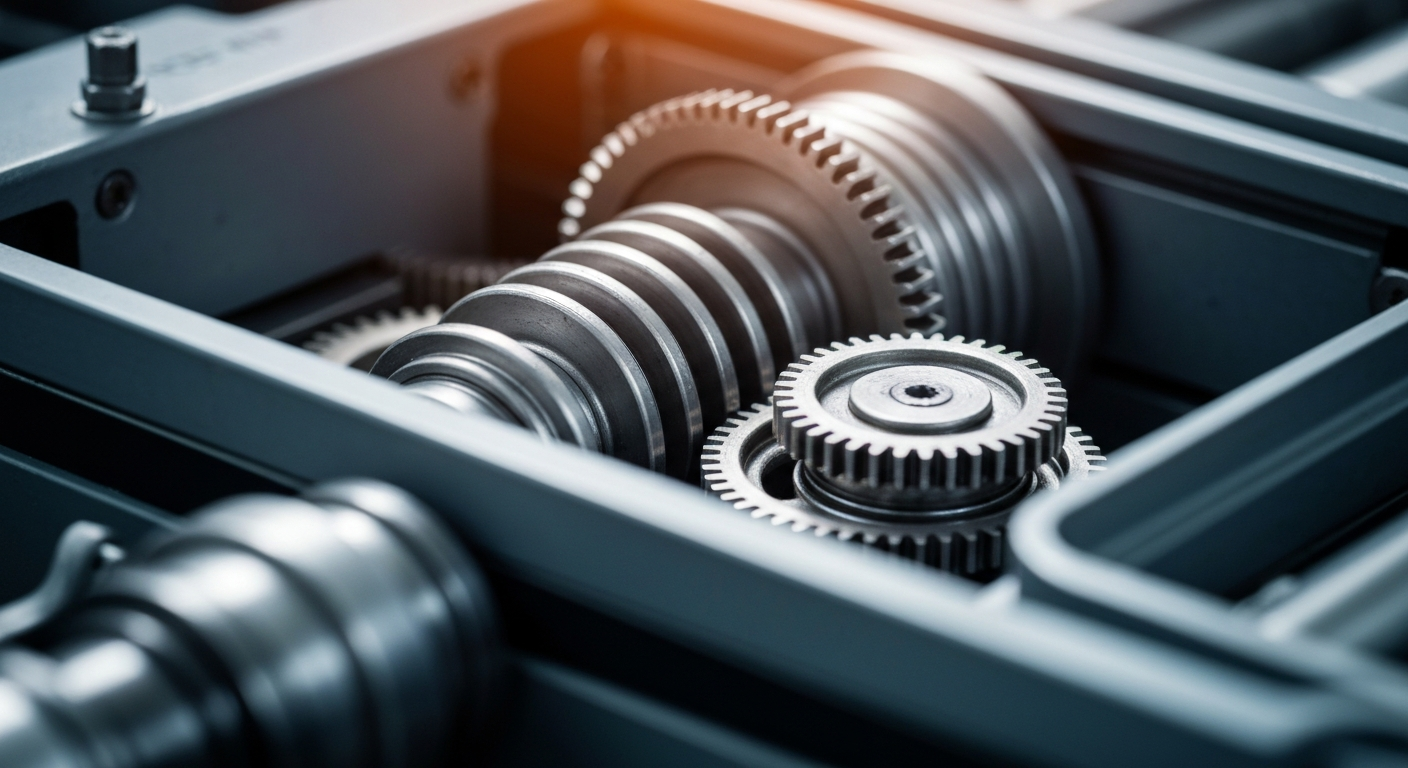An extreme close-up of a complex array of metal gears, cogs, and machinery, representing the intricate financial infrastructure that supports the healthcare industry.
