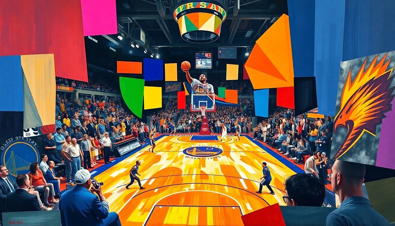 A fractured, multi-perspective painting depicting a basketball game between the Golden State Warriors and Phoenix Suns, with the players and court broken down into sharp, overlapping geometric shapes and planes of vibrant colors.