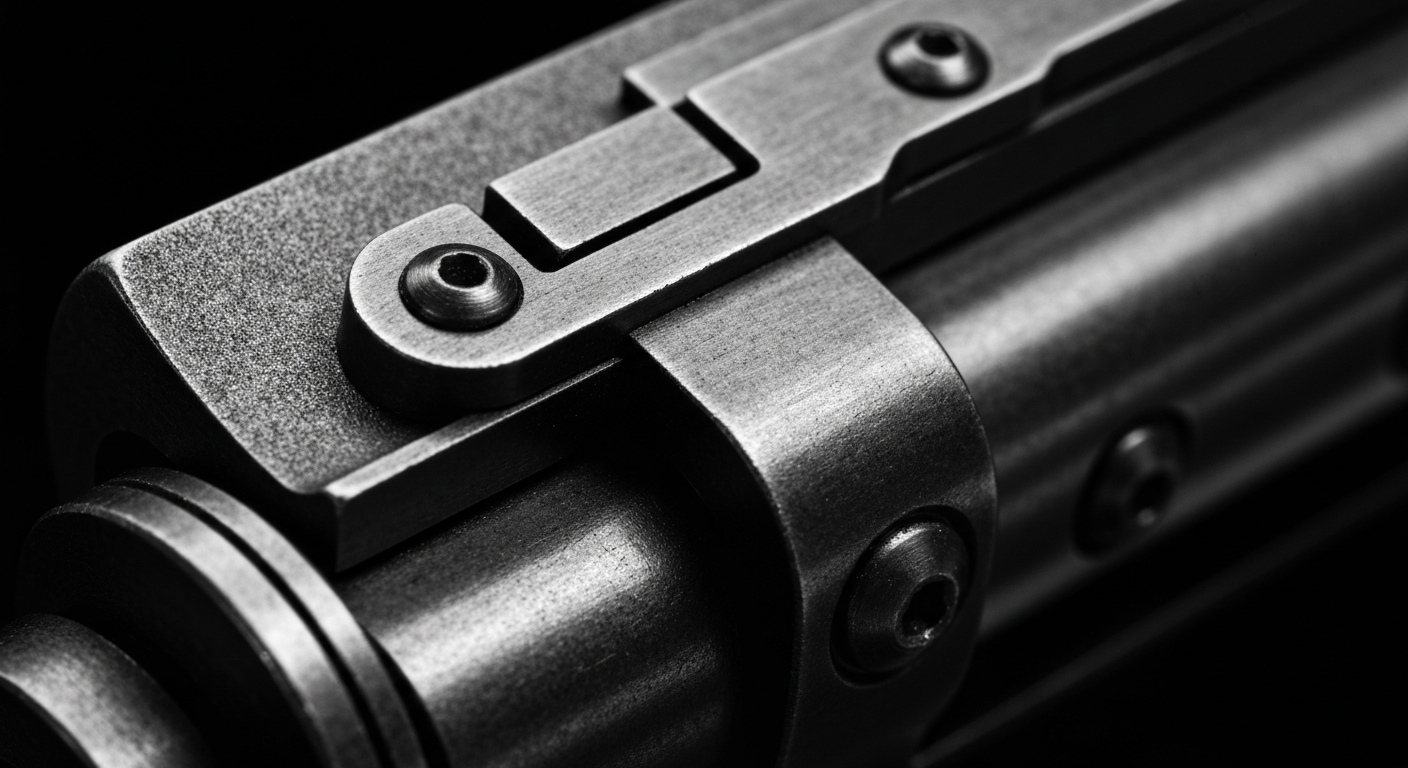 An extreme close-up of the textured surface of a firearm trigger mechanism, captured in dramatic lighting and high contrast to showcase the raw materials and intricate engineering details.