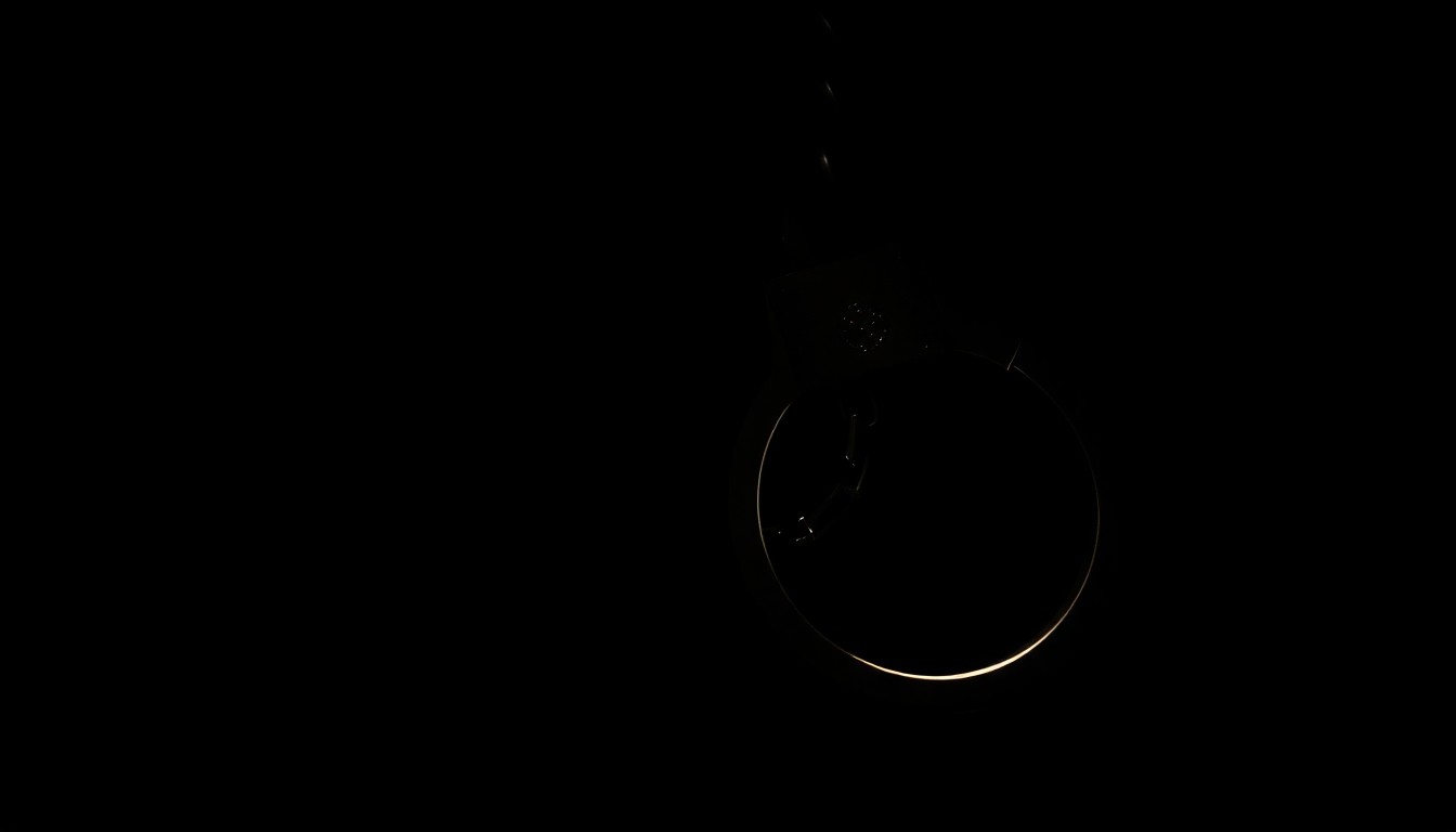 An extreme close-up photograph of a police badge or handcuffs lit by a harsh, direct camera flash against a pitch-black background, conceptually illustrating the serious and gritty nature of the crime.
