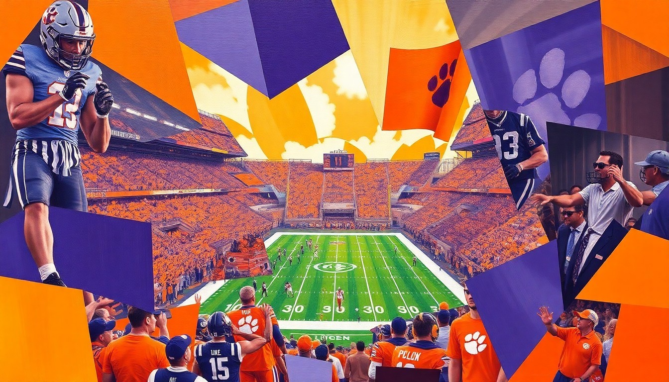 A cubist, geometric painting in Clemson's official colors of orange and purple, depicting a fragmented, multi-perspective view of a Clemson football game or practice, conceptually representing the program's need to deconstruct and rebuild its culture.