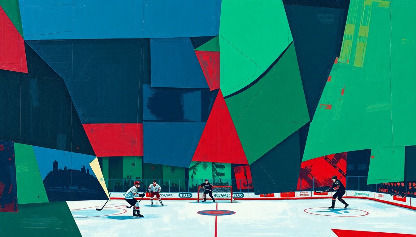 A fractured, multi-perspective painting in a cubist style, breaking down a hockey game or match into sharp, overlapping geometric planes in navy blue, forest green, and crimson red, conveying the dynamic energy and movement of professional hockey.