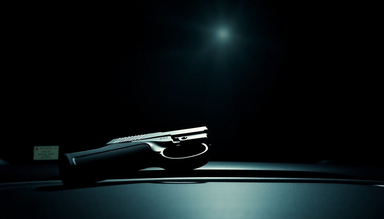 An extreme close-up photograph of a handgun on a car dashboard, lit by a harsh, direct camera flash against a pitch-black background, conceptually illustrating the tense confrontation between law enforcement and a celebrity during a traffic stop.