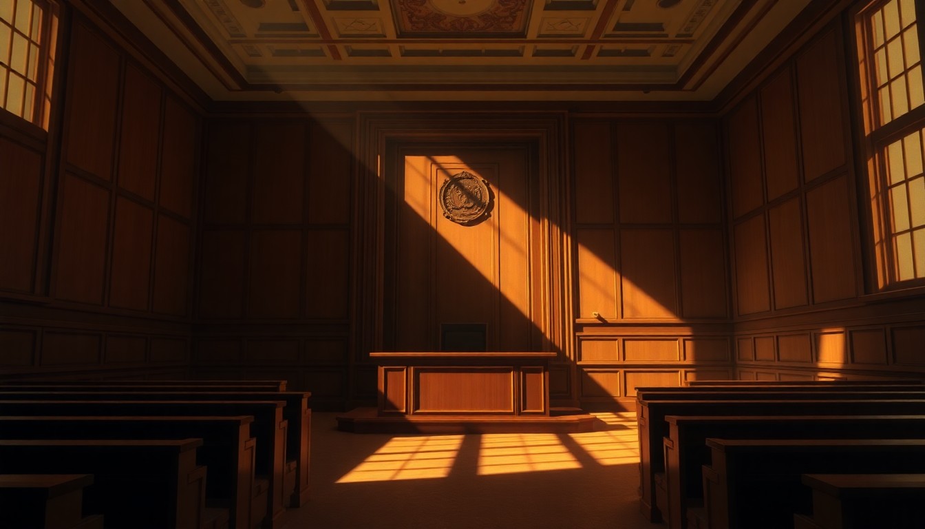 A serene, cinematic painting of an empty courtroom filled with warm, diagonal sunlight and deep shadows, conveying a sense of contemplation and the gravity of judicial responsibility.