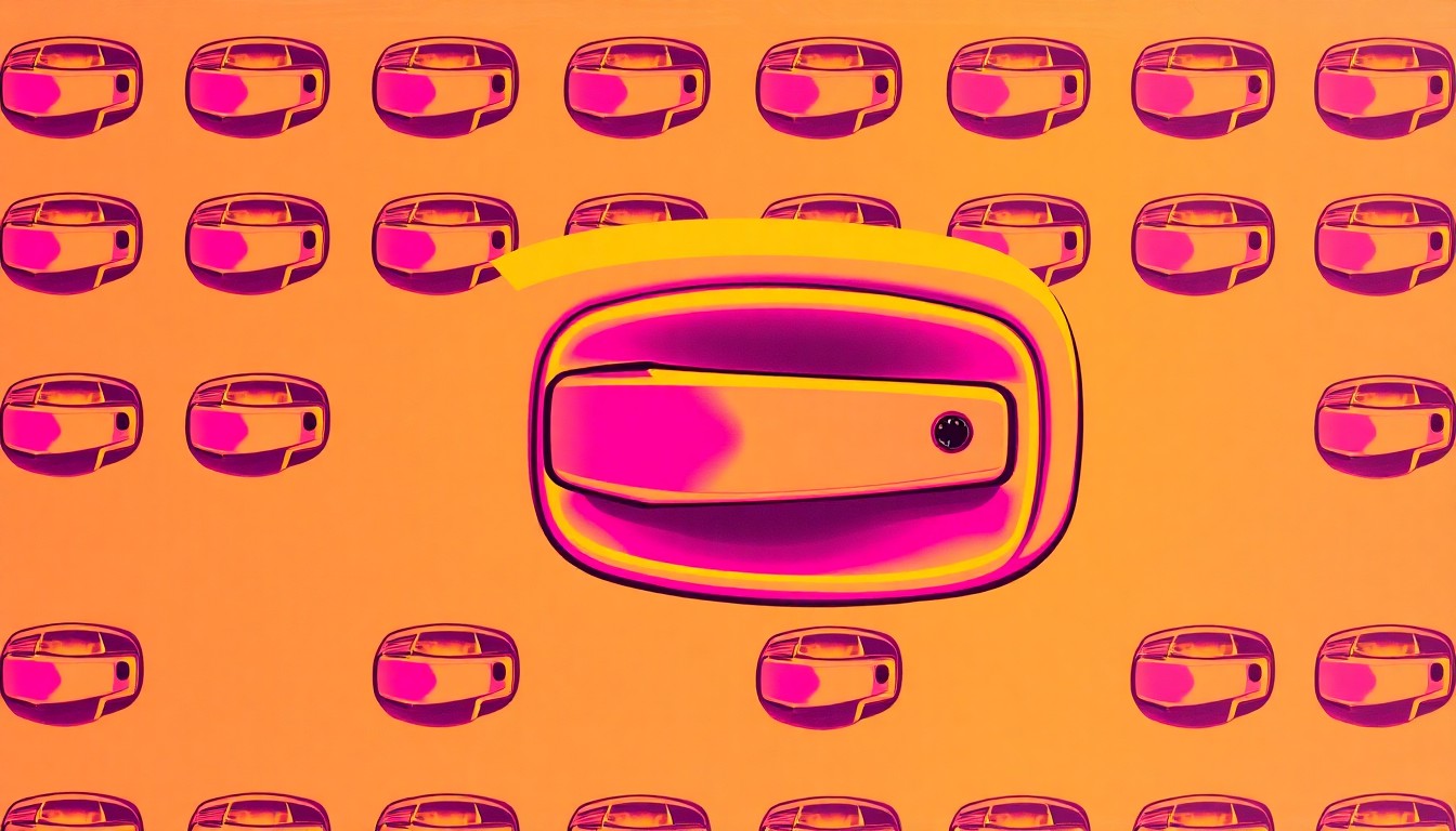 A highly stylized, abstract image composed of a repeating grid pattern of a crumpled car door handle in bright neon colors, conceptually representing the impact of drunk driving accidents.