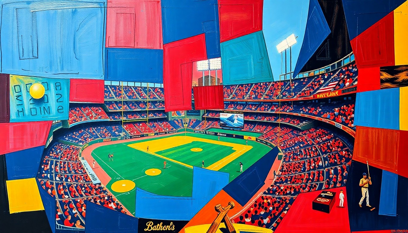 A cubist, geometric painting depicting a fragmented baseball stadium scene, with overlapping planes of navy, crimson, and gold, conceptually representing the financial power and resilience of the MLB.
