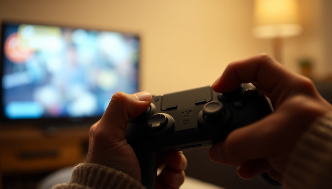 An abstract, out-of-focus photograph showing an elderly person's hands holding a video game controller, with the blurred screen in the background, conveying the idea of an older adult focused on gaming.