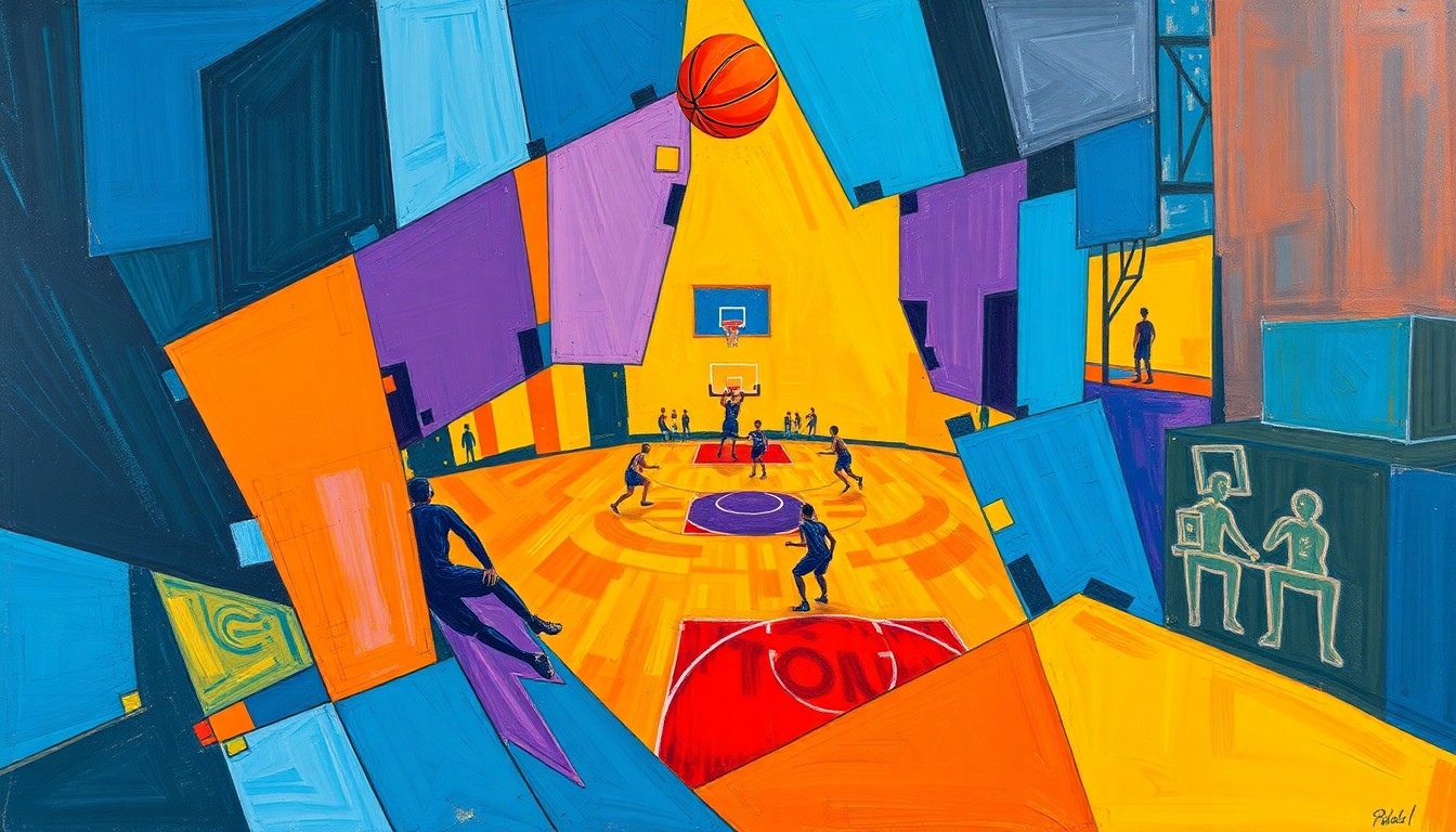 A fragmented, geometric painting in bold, vibrant colors depicting the action and intensity of a basketball game.