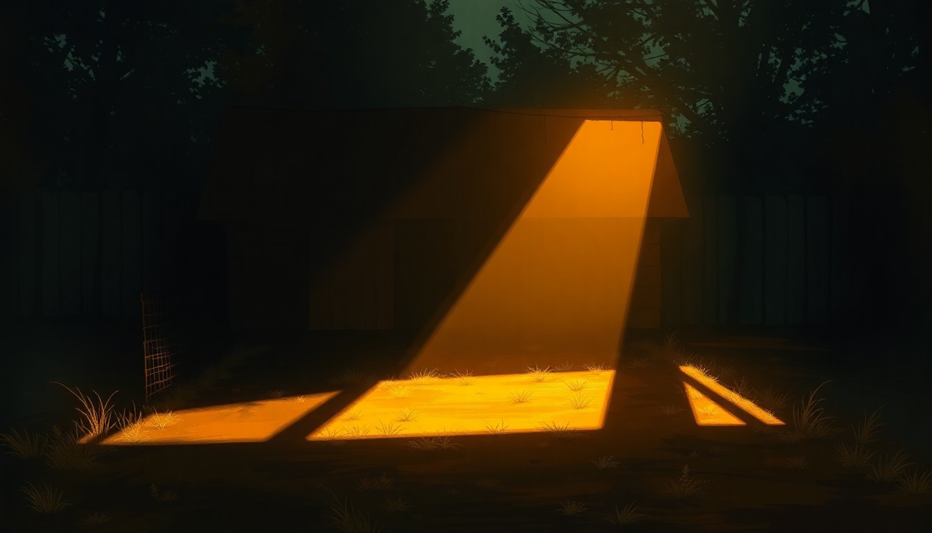 A serene, photorealistic painting of a small chicken coop or backyard chicken run, with the structure bathed in warm, golden sunlight and surrounded by deep shadows, capturing the quiet, contemplative mood of the debate over urban agriculture regulations.