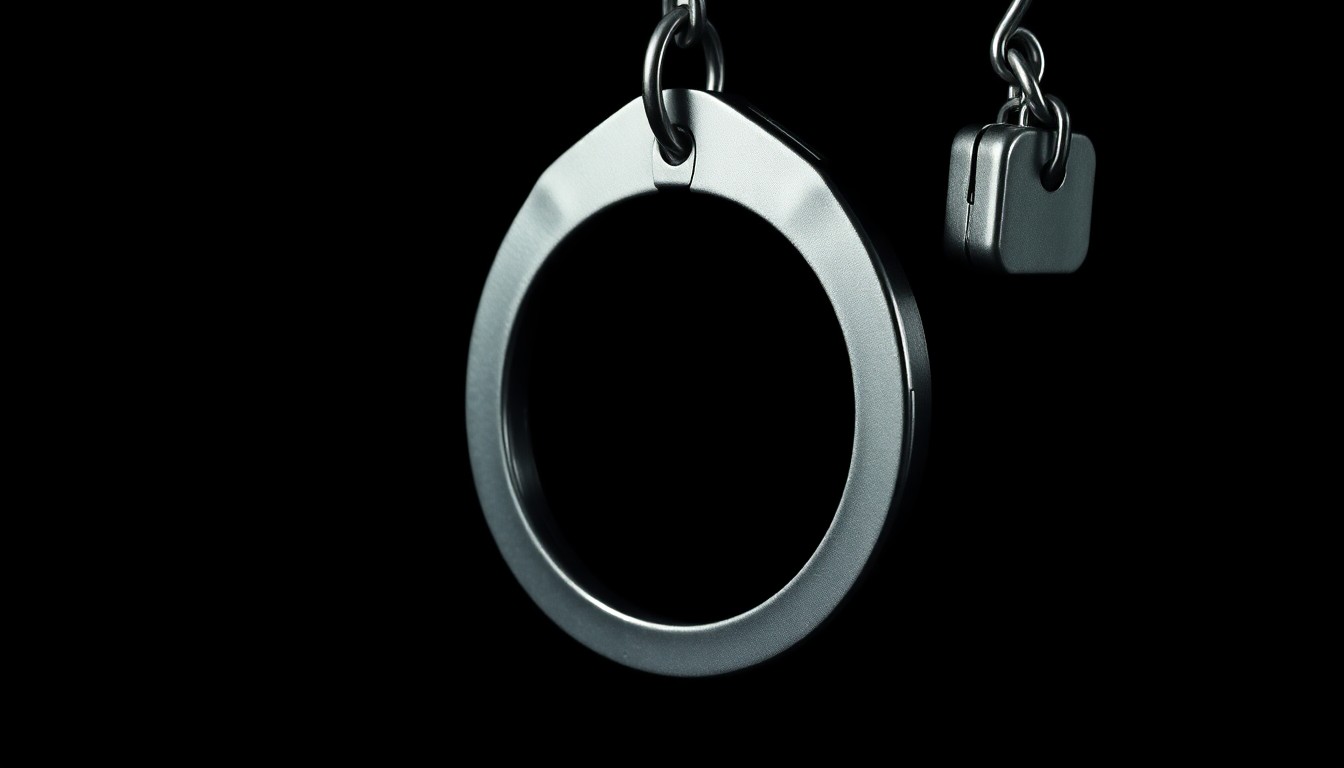 An extreme close-up of a pair of handcuffs against a pitch-black background, the metallic texture and harsh lighting creating a stark, gritty visual metaphor for the criminal justice system.