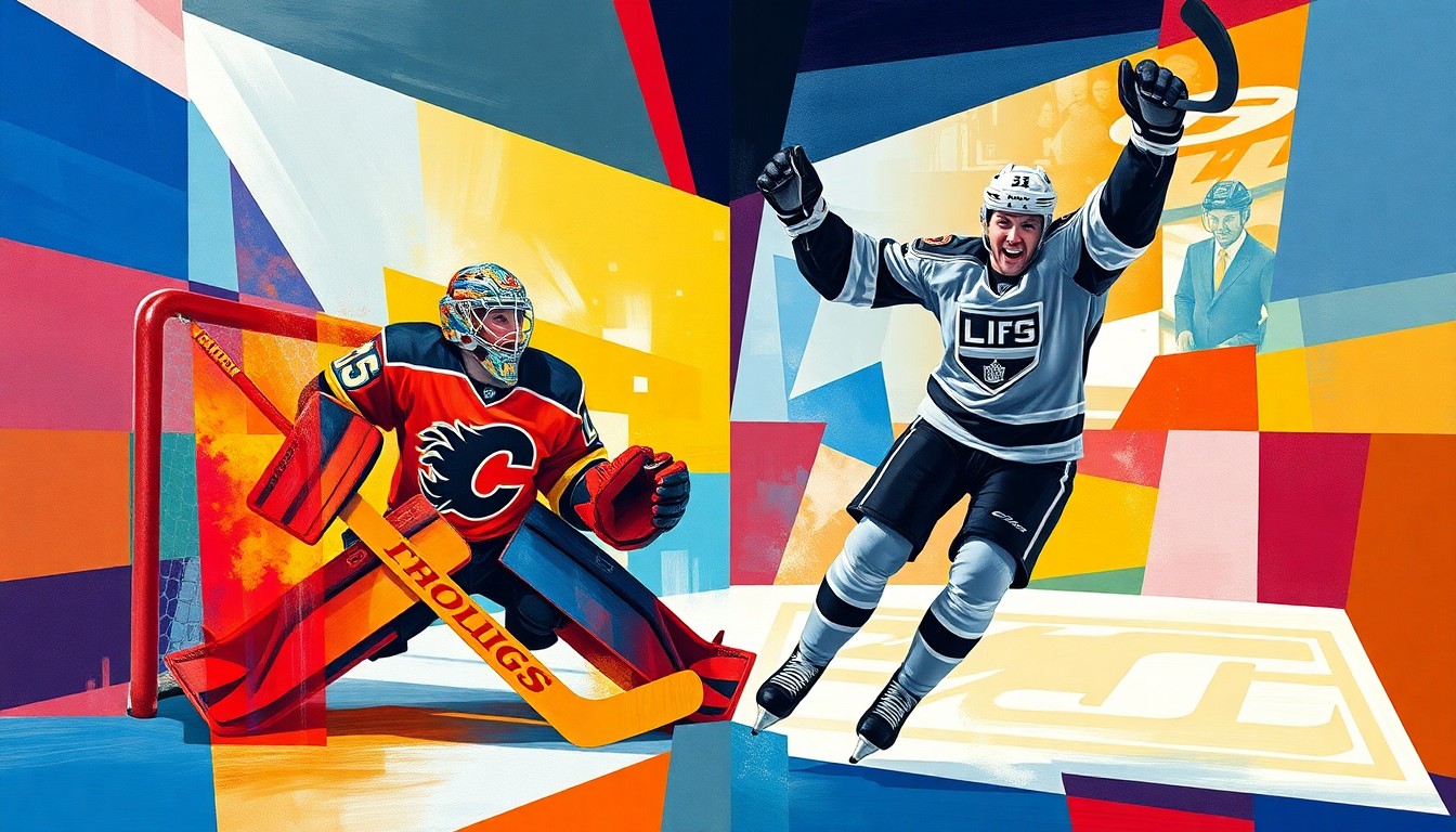 A fractured, cubist-style painting depicting a hockey goaltender making a save and a forward celebrating a goal, with the vibrant colors of the Flames and Kings uniforms breaking down into sharp, overlapping geometric shapes.