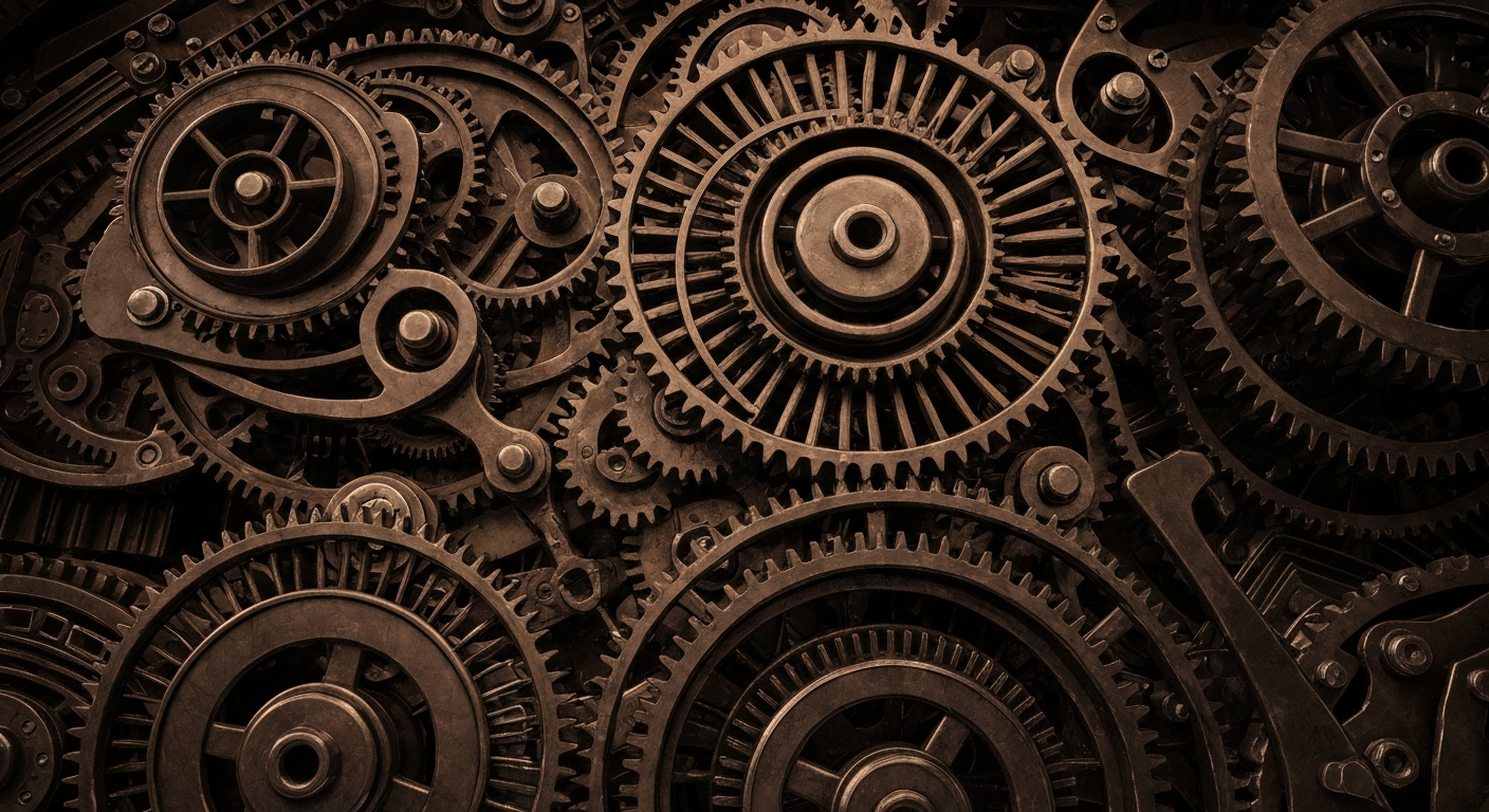 An extreme close-up of the intricate, metallic gears and mechanisms of a casino slot machine, conveying the complex financial infrastructure and institutional power of the gaming industry.