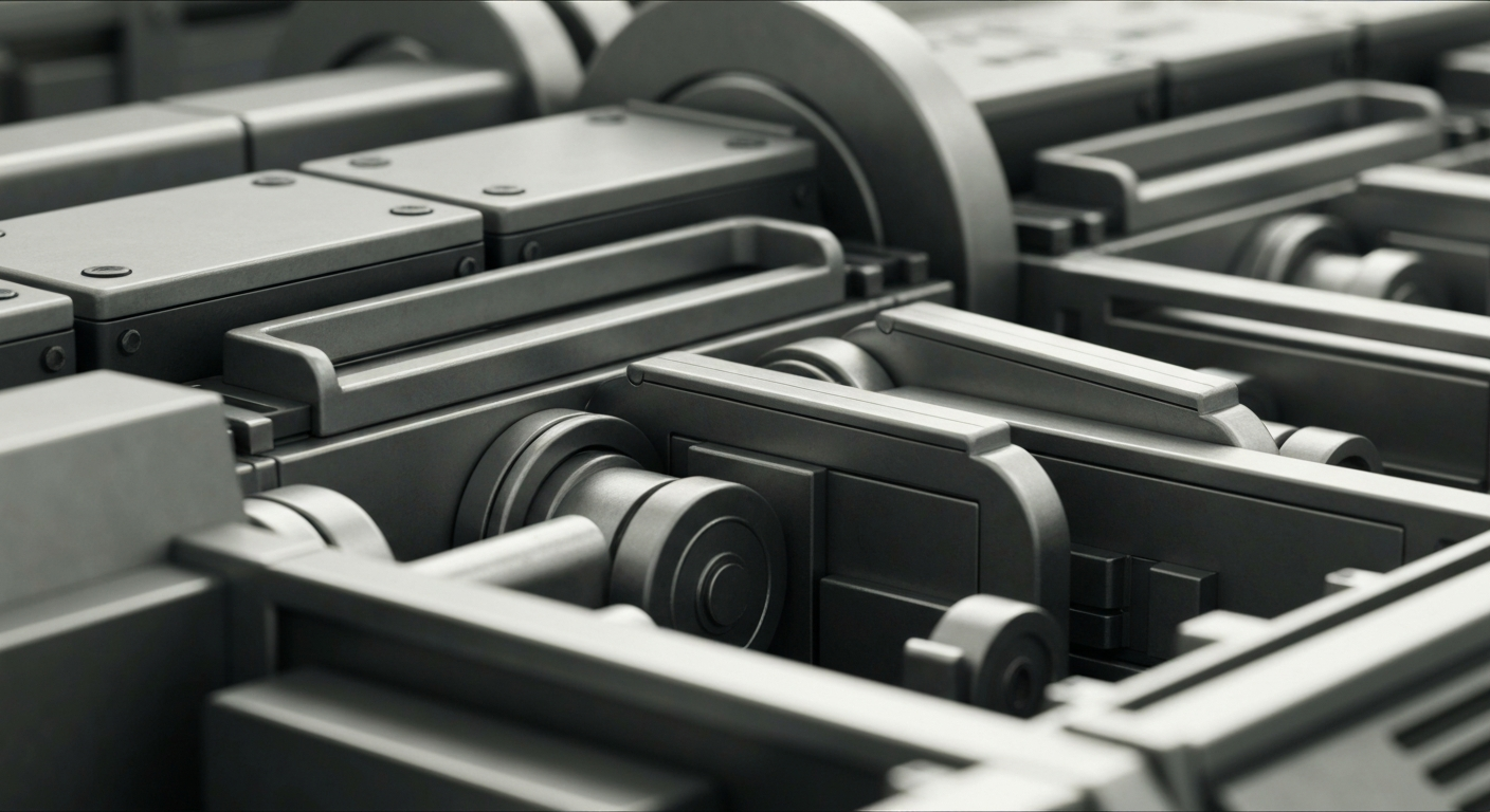 An extreme close-up of the gears, levers, and mechanisms of heavy industrial banking equipment, conveying the complex financial infrastructure underlying the Vital Farms short interest story.