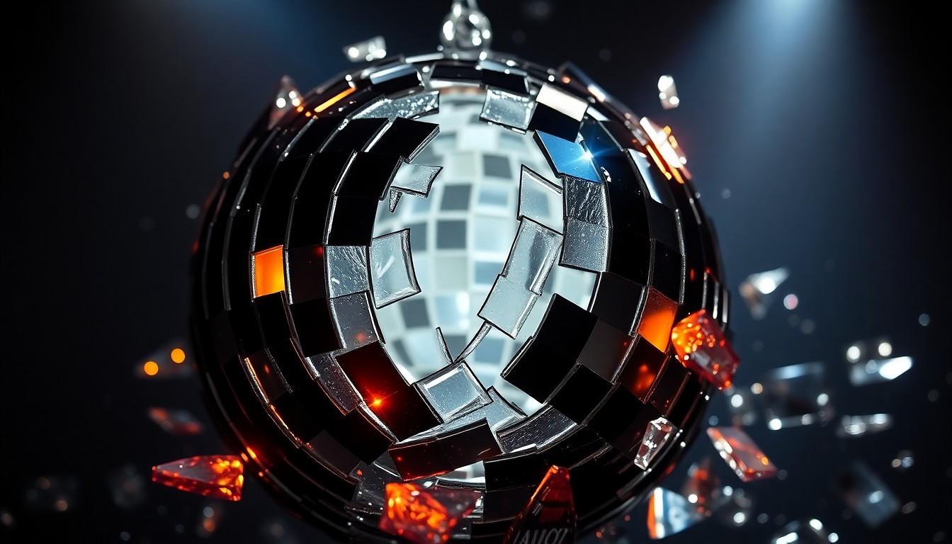 An abstract close-up photograph of shattered, sparkling disco ball glass fragments under dramatic studio lighting, conveying the emotive and expressive nature of Sombr's music.