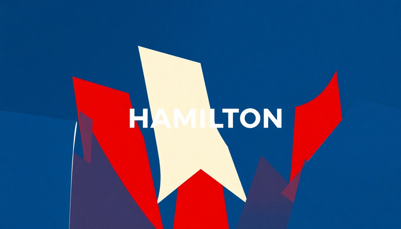 A striking abstract composition of jagged blue, red, and white geometric shapes, conceptually representing the 'Hamilton' musical without using any text or literal imagery.