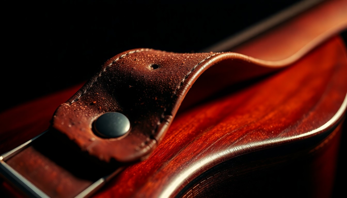 An extreme close-up photograph of a worn, weathered leather guitar strap in dramatic high-contrast studio lighting, capturing the gritty textures and worn patina of a well-traveled instrument.