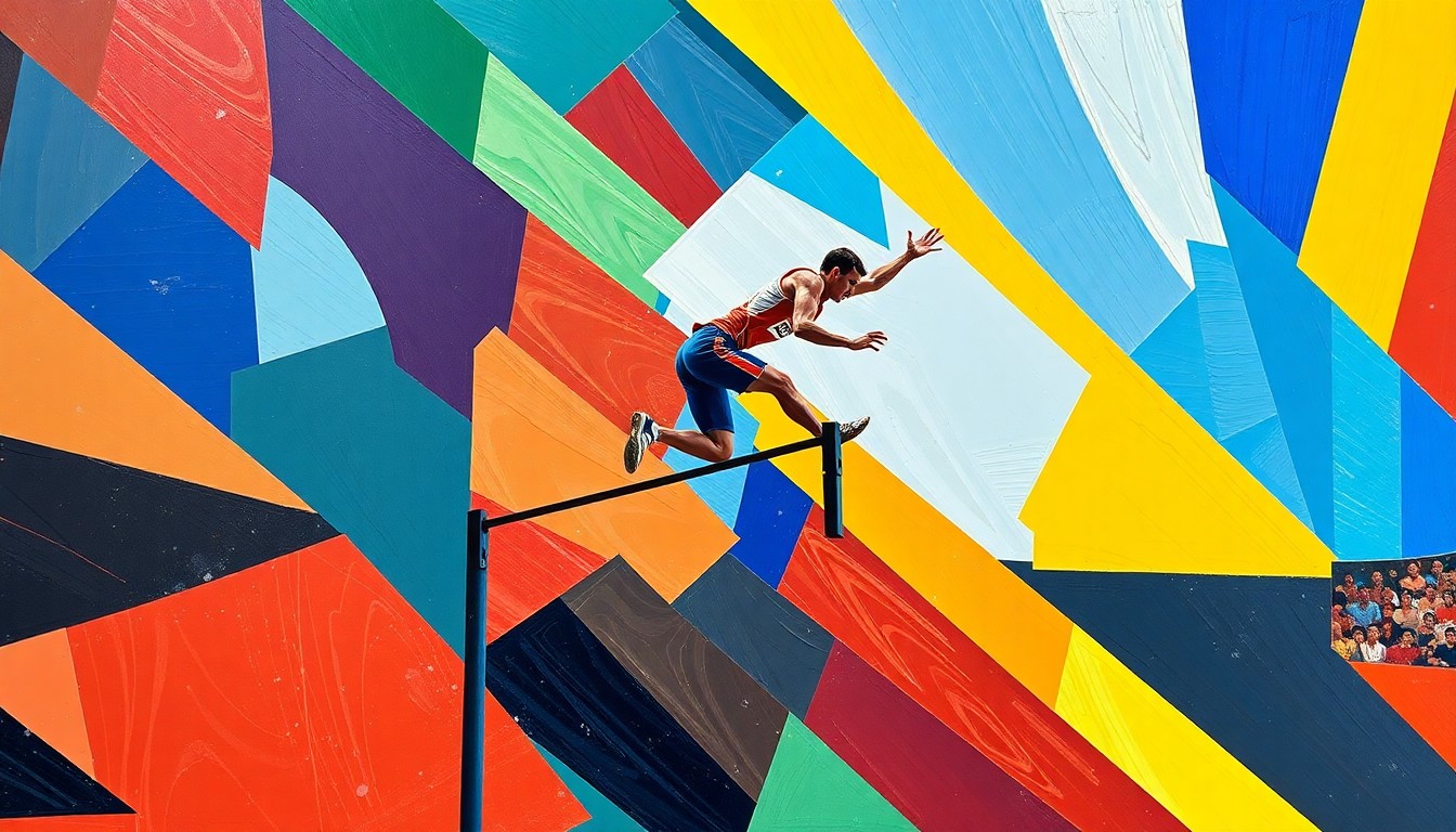 A cubist, geometric painting depicting a high jump competition, with sharp, overlapping planes of bright red, blue, and yellow shapes conveying the explosive energy and dynamic movement of the event.