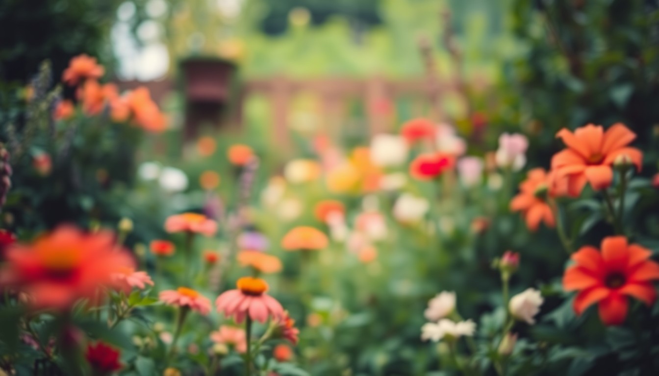 An extremely abstracted, out-of-focus photograph in soft, warm tones depicting a blurred, dreamlike scene of a lush garden, capturing the peaceful and contemplative essence of Bonnie Heuer's lifelong passion for gardening.