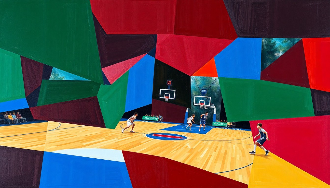 A fragmented, cubist-style painting depicting a high school basketball game, with the players and court broken down into sharp, overlapping geometric shapes in deep burgundy, forest green, and royal blue tones, conveying the competitive and unpredictable nature of the regional basketball scene.
