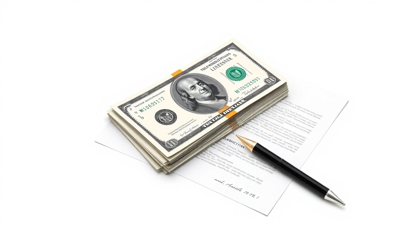 A close-up, high-contrast photograph of a stack of dollar bills, a pen, and a legal document on a plain white background, conceptually representing the financial and legal aspects of a workplace dispute.
