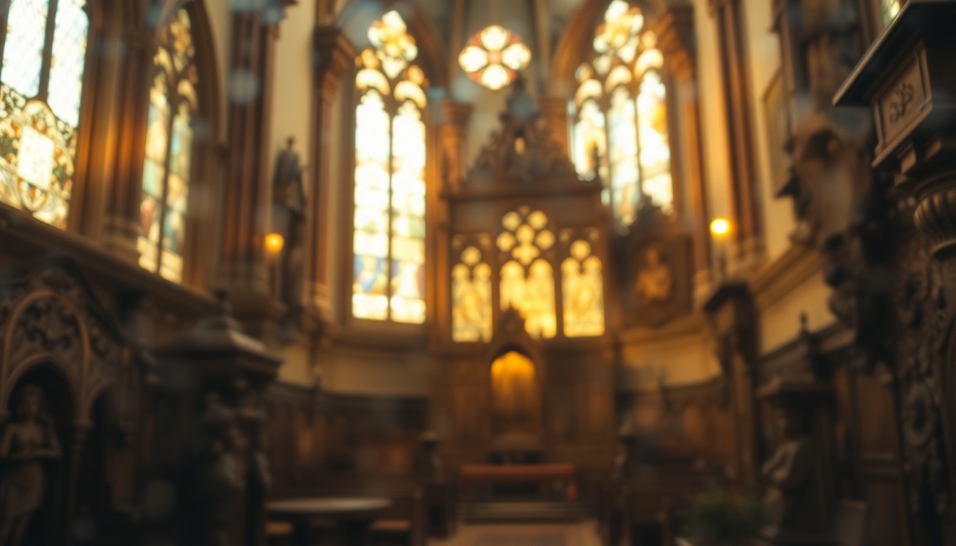 An extremely blurred, impressionistic photograph showing the warm, glowing interior of an old church, with hints of ornate stained glass windows and intricate wood carvings visible through the hazy, out-of-focus composition.