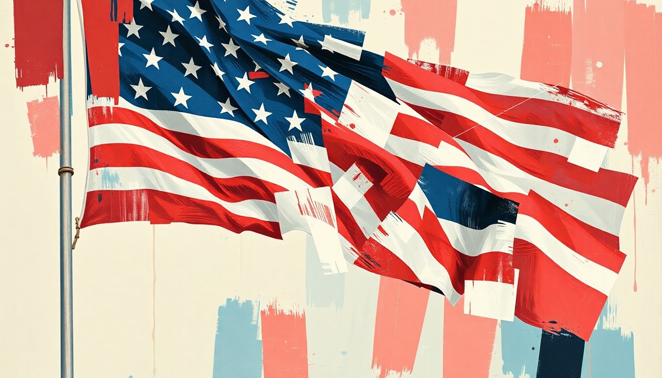 An abstract, fractured painting featuring an American flag waving in the wind, with overlapping geometric shapes and brushstrokes in red, white, and blue hues, conveying the complexity and uncertainty of the current political and policy debates affecting the agricultural sector.