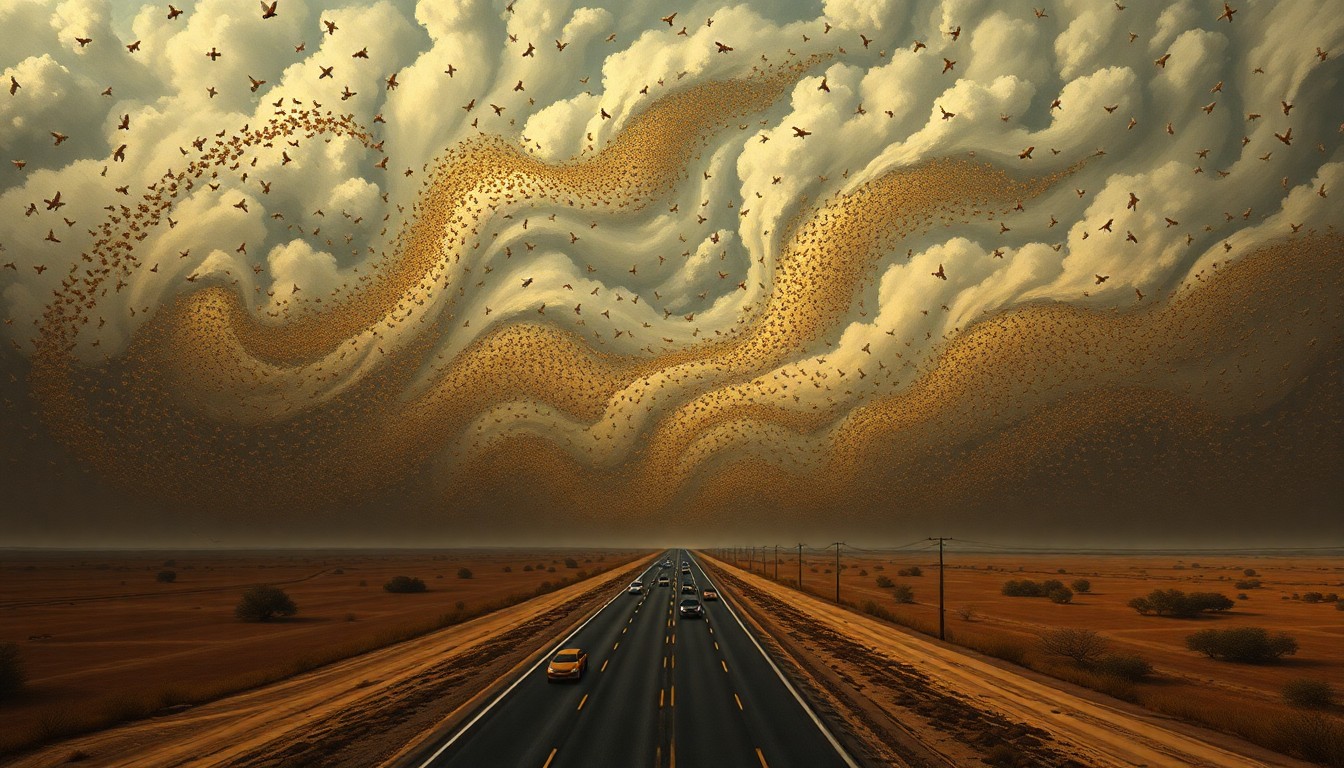 A sweeping, atmospheric landscape painting in muted tones of gray, blue, and yellow, depicting a vast, swirling cloud of bees filling the sky over a deserted highway, dwarfing the small vehicles below and obscuring the details of the road and surrounding structures.