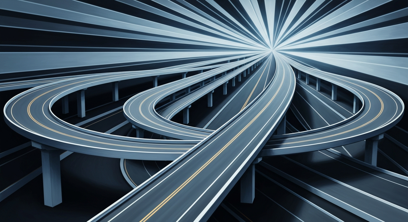 A highly stylized, geometric illustration of a sweeping interstate highway interchange, rendered in bold, streamlined forms and smooth gradients of steel blue, charcoal, and chrome, capturing the grand scale and monumental impact of the I-65 bridge replacement project in Louisville.