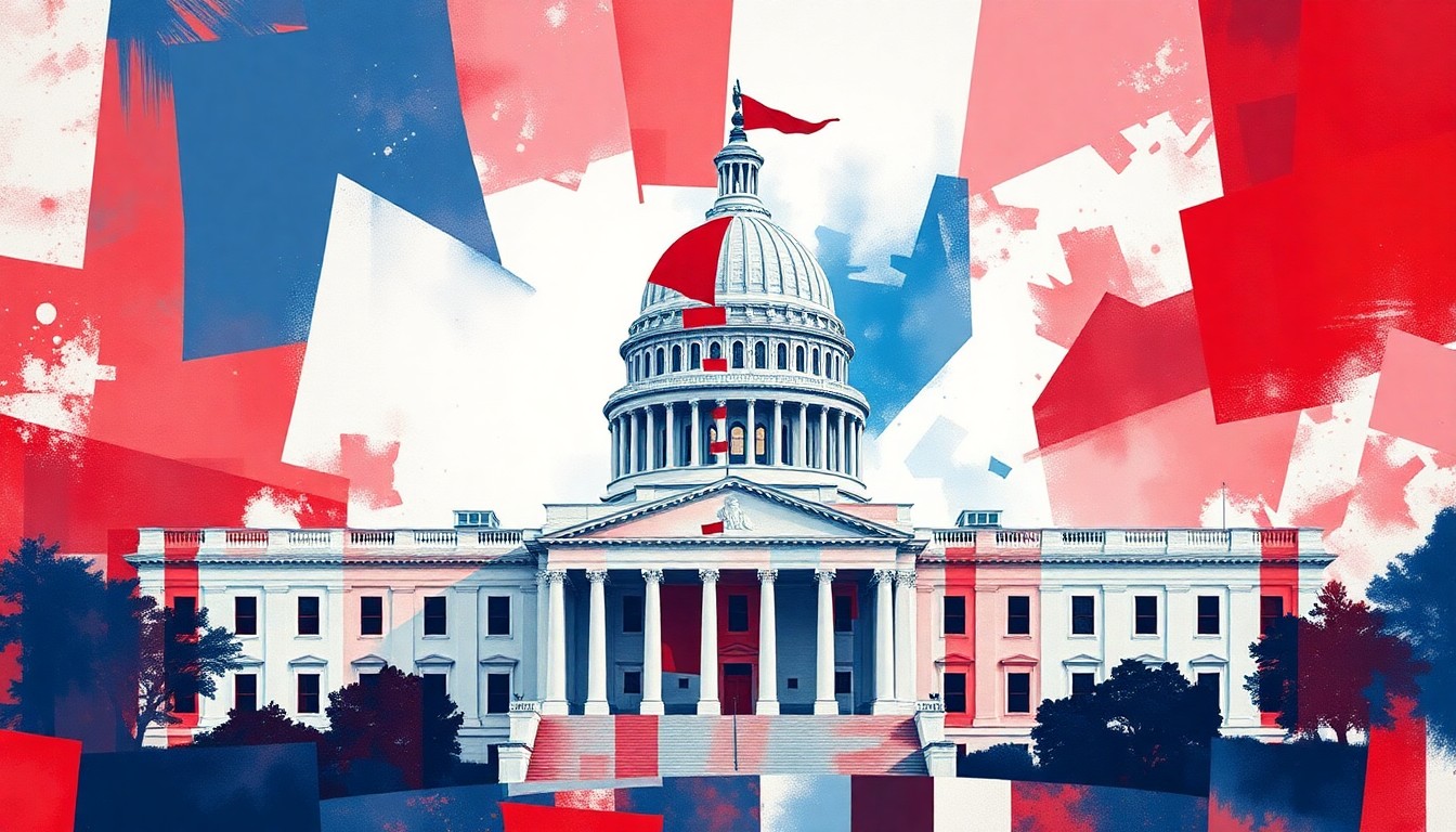 A fractured, abstract painting in red, white, and blue hues, depicting a government building or political symbol in a state of fragmentation, conveying a sense of instability and the potential for exploitation.