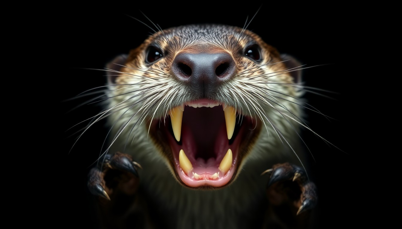 An extreme close-up photograph of a river otter's sharp teeth and claws against a pitch-black background, conceptually illustrating the danger posed by wildlife in public marina areas.