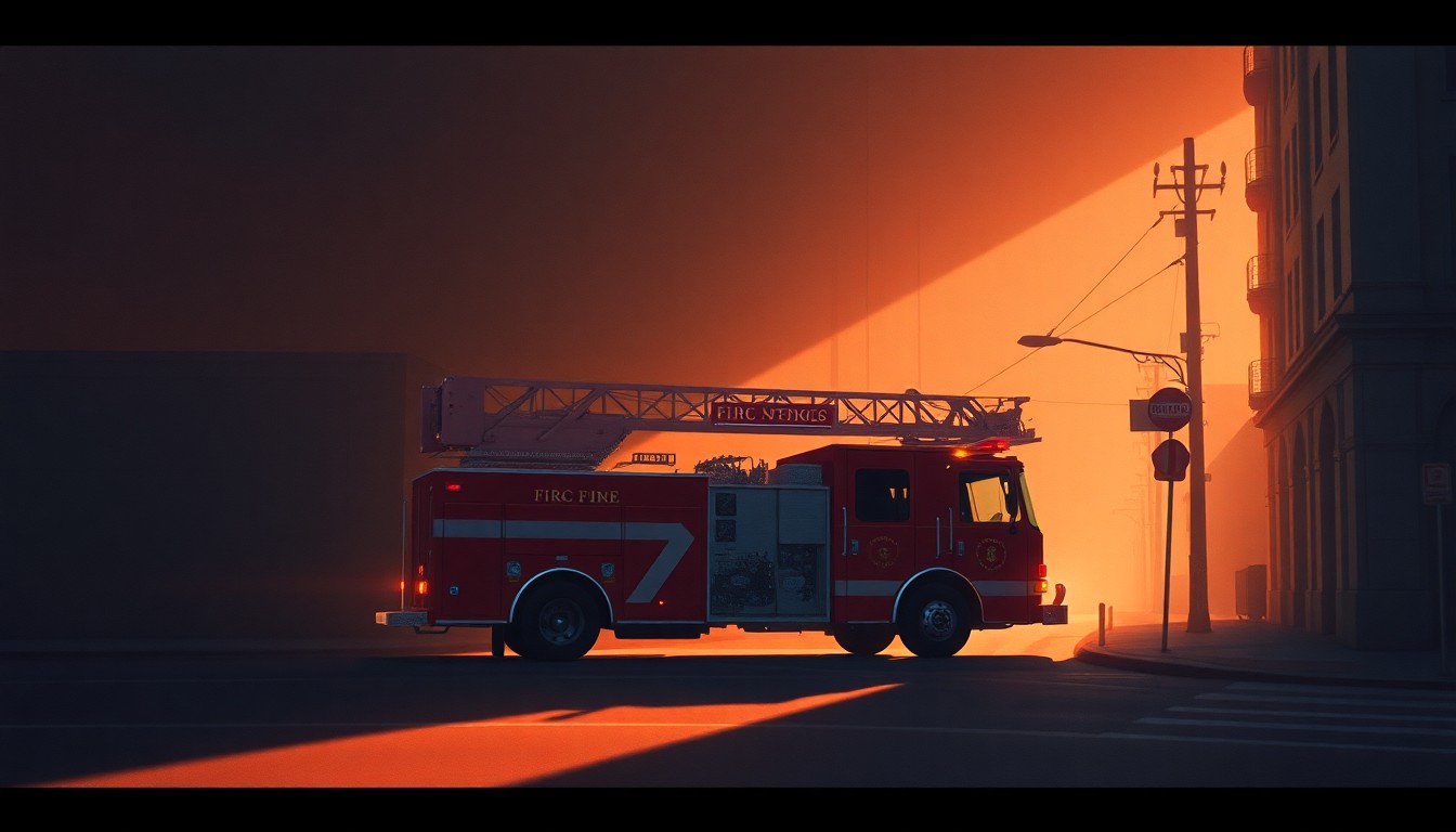 A serene, cinematic painting of a fire engine parked on a San Francisco street, the vehicle's red paint and chrome details reflecting the warm, golden sunlight that casts long shadows across the pavement, capturing the quiet anticipation of the city's first responders.