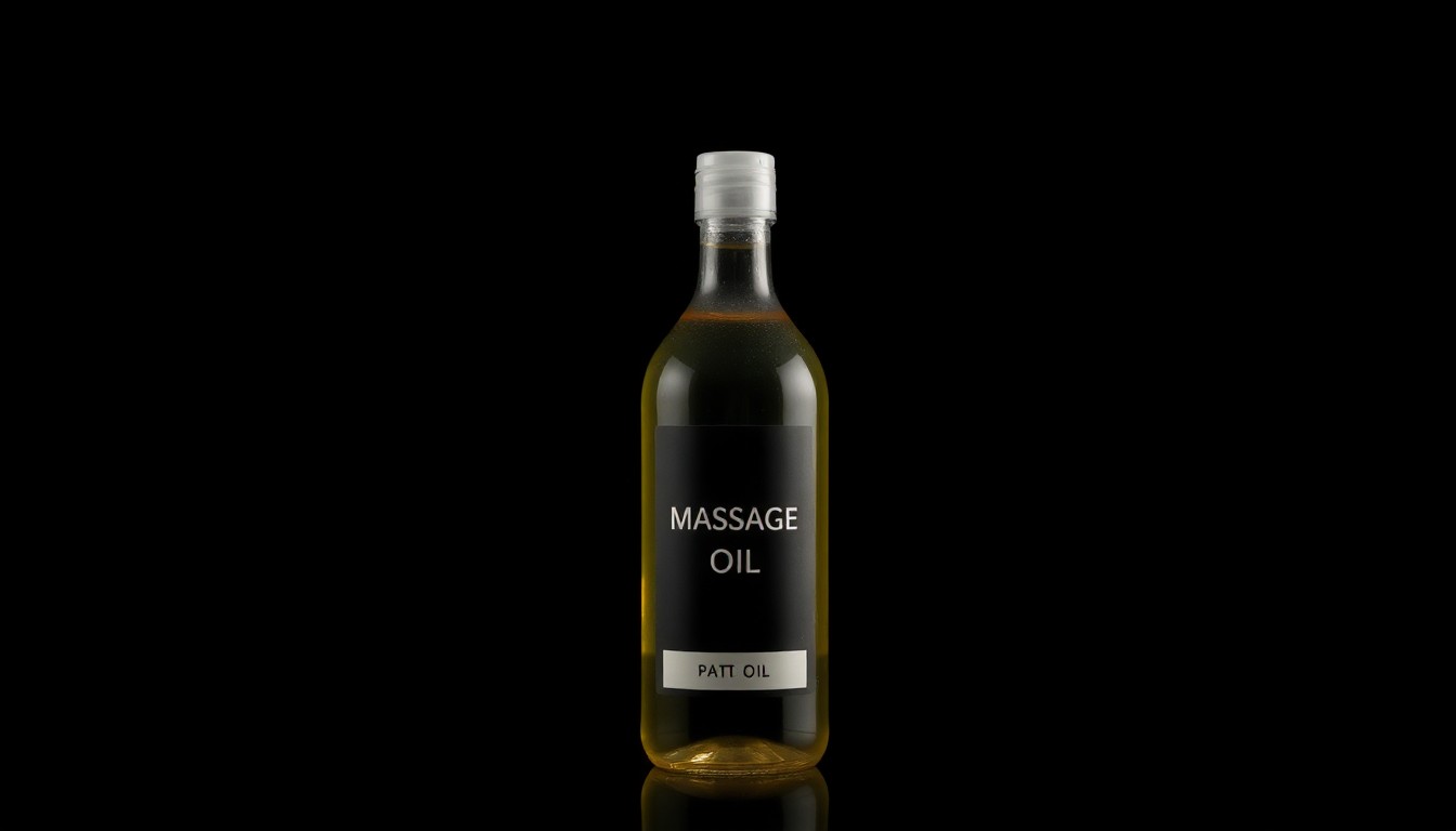 An extreme close-up photograph of a glass massage oil bottle against a pitch-black background, lit by a harsh, direct camera flash, creating a stark, gritty, investigative aesthetic that conceptually represents the serious nature of the alleged crimes.