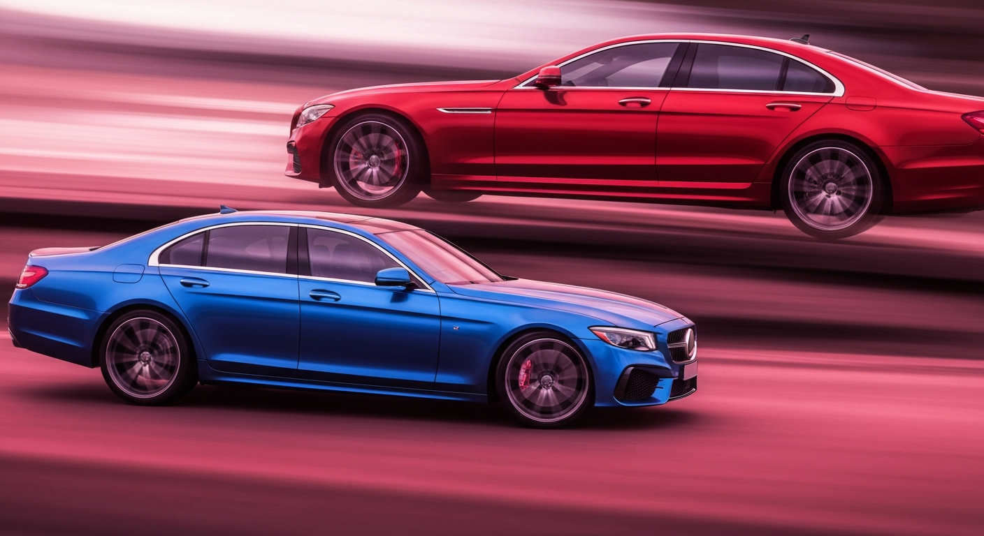 An abstract, colorful image of two blurred luxury sedans in motion, conveying a sense of speed, power, and modern engineering.