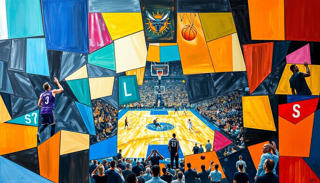 A cubist, geometric painting depicting a basketball game between two teams, with the players and court broken down into overlapping, angular shapes and planes of color.