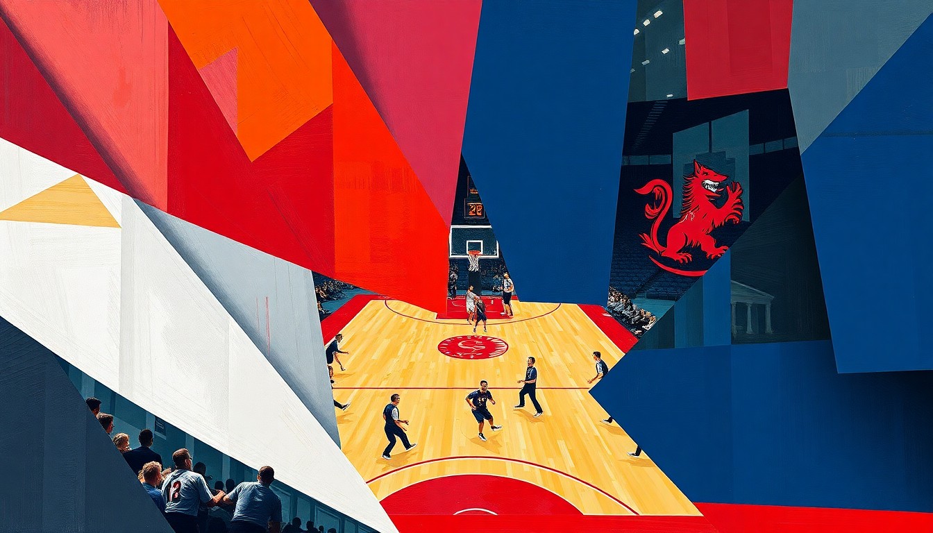 A fragmented, geometric painting depicting a basketball game or match, with sharp, overlapping planes of color representing the official team colors of Virginia and South Carolina. The image captures the dynamic energy and multi-perspective nature of the sport, without any identifiable players or logos.